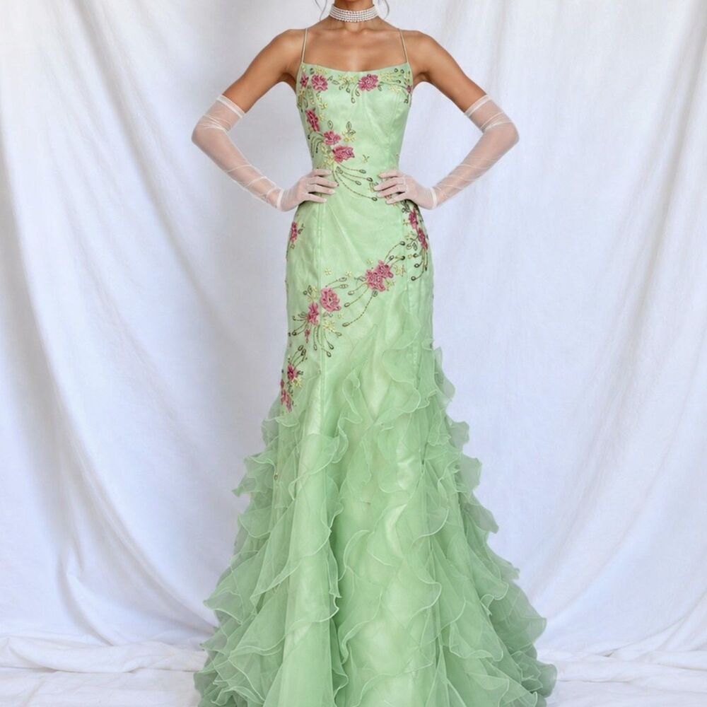 Vintage Y2K Green Floral Beaded Ruffle Flared Maxi Formal Prom Dress Size M
